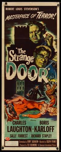 9b505 STRANGE DOOR  insert '51 cool art of Boris Karloff, Charles Laughton & sexy Sally Forrest!