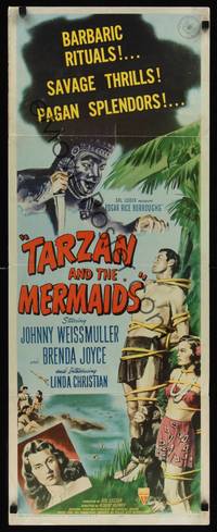 9b529 TARZAN & THE MERMAIDS  insert '48 art of Johnny Weissmuller tied to tree w/sexy Brenda Joyce!