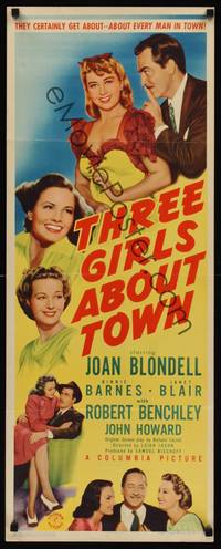9b549 THREE GIRLS ABOUT TOWN  insert '41 smiling Joan Blondell, Binnie Barnes & Janet Blair!