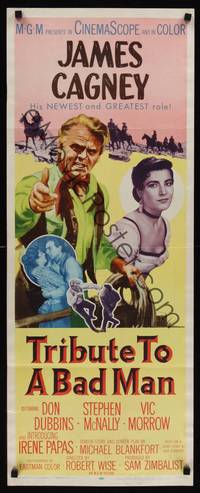 9b562 TRIBUTE TO A BAD MAN  insert '56 great art of cowboy James Cagney, pretty Irene Papas!