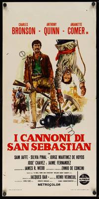9b713 GUNS FOR SAN SEBASTIAN  Italian locandina R1970s wacky art of Anthony Quinn & Charles Bronson!