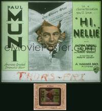 9c027 HI NELLIE glass slide '34 great image of Paul Muni peeking through newspaper!
