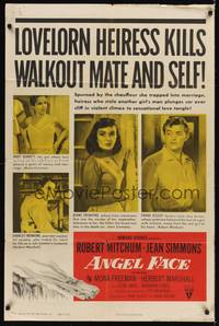 9d037 ANGEL FACE style A 1sh '53 Robert Mitchum, Jean Simmons, Otto Preminger, Howard Hughes!