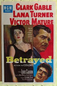 9d062 BETRAYED 1sh '54 art of Clark Gable, Victor Mature & sexy brunette Lana Turner!