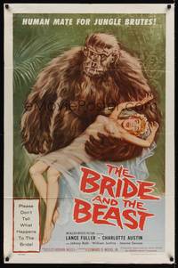 9d085 BRIDE & THE BEAST 1sh '58 Ed Wood classic, great wacky art of huge ape holding sexy girl!