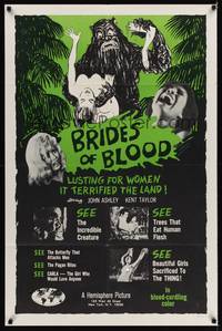 9d086 BRIDES OF BLOOD 1sh '68 wacky art of monster with dismembered girl & a naked native too!