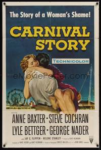9d109 CARNIVAL STORY 1sh '54 sexy Anne Baxter held by Steve Cochran, the story of a woman's shame!