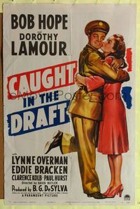 9d115 CAUGHT IN THE DRAFT 1sh '41 full-length art of Bob Hope hugging Dorothy Lamour!