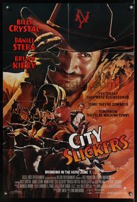 9d123 CITY SLICKERS advance 1sh '91 great artwork of cowboys Billy Crystal & Daniel Stern!