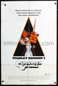 9d125 CLOCKWORK ORANGE rated R 1sh '72 Stanley Kubrick classic, Phillip Castle art of McDowell!