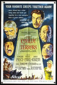 9d134 COMEDY OF TERRORS 1sh '64 Boris Karloff, Peter Lorre, Vincent Price, Joe E. Brown, Tourneur