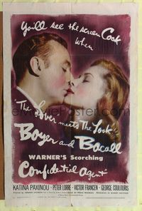 9d135 CONFIDENTIAL AGENT 1sh '45 romantic close-up of Charles Boyer about to kiss Lauren Bacall!