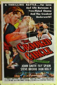9d149 CROOKED CIRCLE 1sh '57 two-fisted boxing champ vs crooked underworld, cool art!