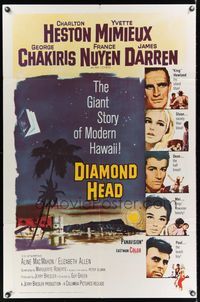 9d201 DIAMOND HEAD 1sh '62 Charlton Heston, Yvette Mimieux, Howard Terpning art of Hawaii!