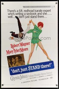 9d216 DON'T JUST STAND THERE 1sh '68 wacky art of sexiest Barbara Rhoades throwing Robert Wagner!