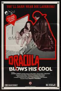 9d221 DRACULA BLOWS HIS COOL 1sh '82 vampire fashion photographer, wacky image of girl in coffin!