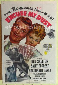 9d263 EXCUSE MY DUST 1sh '51 wacky art of Red Skelton, pretty Sally Forrest!