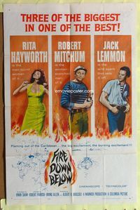 9d295 FIRE DOWN BELOW 1sh '57 full-length sexy Rita Hayworth, Robert Mitchum & Jack Lemmon!