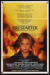 9d296 FIRESTARTER advance 1sh '84 close up of creepy eight year-old Drew Barrymore, sci-fi!