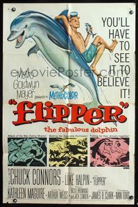 9d303 FLIPPER 1sh '63 Chuck Connors, Luke Halpin, cool art of boy & dolphin!