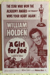 9d312 FORCE OF ARMS 1sh R54 William Holden, Nancy Olson, Michael Curtiz, A Girl for Joe!