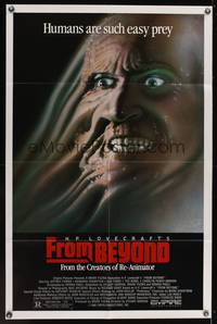 9d328 FROM BEYOND 1sh '86 H.P. Lovecraft, wild sci-fi horror image, humans are such easy prey!