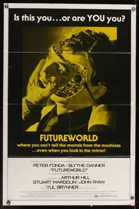 9d339 FUTUREWORLD yellow 1sh '76 a world where you can't tell the mortals from the machines!