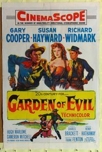9d345 GARDEN OF EVIL 1sh '54 cool art of Gary Cooper, sexy Susan Hayward, & Richard Widmark!
