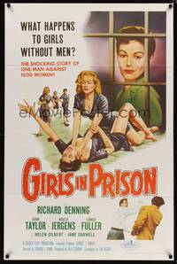9d358 GIRLS IN PRISON 1sh '56 classic sexy bad girl cat fight art, girls without men!