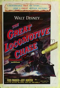 9d384 GREAT LOCOMOTIVE CHASE 1sh '56 Disney, really cool artwork of railroad train!