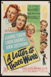 9d513 LETTER TO THREE WIVES 1sh '49 Jeanne Crain, Linda Darnell, Ann Sothern, young Kirk Douglas!