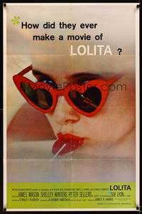 9d522 LOLITA 1sh '62 Stanley Kubrick, sexy Sue Lyon with heart sunglasses & lollipop!