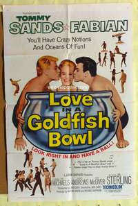 9d529 LOVE IN A GOLDFISH BOWL 1sh '61 great art of Tommy Sands & Fabian kissing pretty girl!