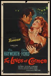 9d532 LOVES OF CARMEN 1sh '48 wonderful romantic close up art of sexy Rita Hayworth & Glenn Ford!