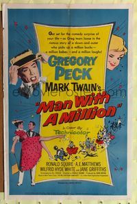 9d551 MAN WITH A MILLION 1sh '54 Gregory Peck picks up a million babes & laughs, by Mark Twain!