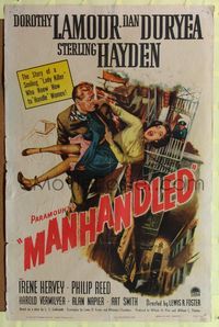 9d552 MANHANDLED 1sh '49 art of terrified Dorothy Lamour being thrown off building!