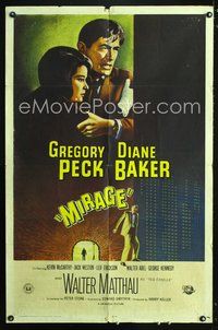 9d569 MIRAGE 1sh '65 cool artwork of Gregory Peck & Diane Baker!
