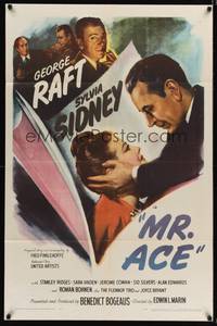 9d577 MR. ACE 1sh '46 close up of George Raft holding pretty Sylvia Sidney, film noir!