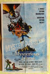 9d590 MYSTERIOUS ISLAND 1sh '61 Ray Harryhausen, Jules Verne sci-fi, cool hot-air balloon art!