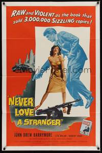 9d602 NEVER LOVE A STRANGER 1sh '58 John Drew Barrymore, from Harold Robbins sex novel!