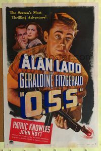 9d623 O.S.S. 1sh '46 close up of Alan Ladd with machine gun, Geraldine Fitzgerald!