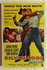 9d790 SILVER LODE 1sh '54 art of cowboy John Payne wrestling over gun, sexy Lizabeth Scott!