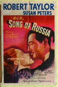 9d818 SONG OF RUSSIA 1sh '44 great romantic c/u art of Robert Taylor & Commie Susan Peters!