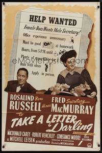 9d867 TAKE A LETTER DARLING style A 1sh '42 Rosalind Russell is secretary Fred MacMurray's boss!