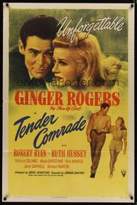 9d882 TENDER COMRADE 1sh '44 romantic art of pretty Ginger Rogers & Robert Ryan!
