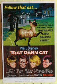 9d889 THAT DARN CAT style B 1sh '65 great artwork of Hayley Mills, wacky Siamese cat, Walt Disney!