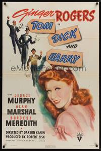 9d916 TOM, DICK & HARRY style A 1sh '41 c/u art of pretty Ginger Rogers, Murphy, Marshal & Meredith