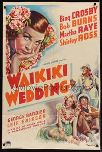 9d952 WAIKIKI WEDDING style A 1sh '37 great art of Martha Raye & Bing Crosby in Hawaii!
