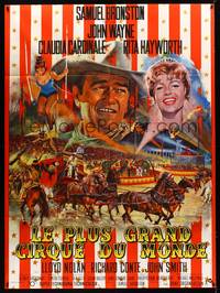 9e182 CIRCUS WORLD French 1p '65 best art of Claudia Cardinale & John Wayne by Jean Mascii!