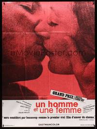 9e308 MAN & A WOMAN French 1p R70s Lelouch's Un homme et une femme, Aimee & Trintignant kiss c/u!